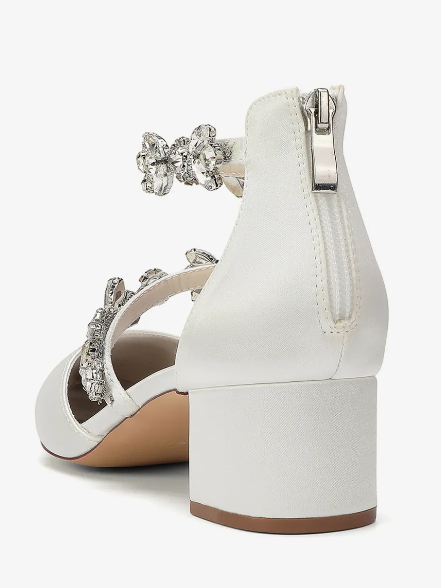 Escarpins de mariée en satin à bout pointu strass et brides talons compensés