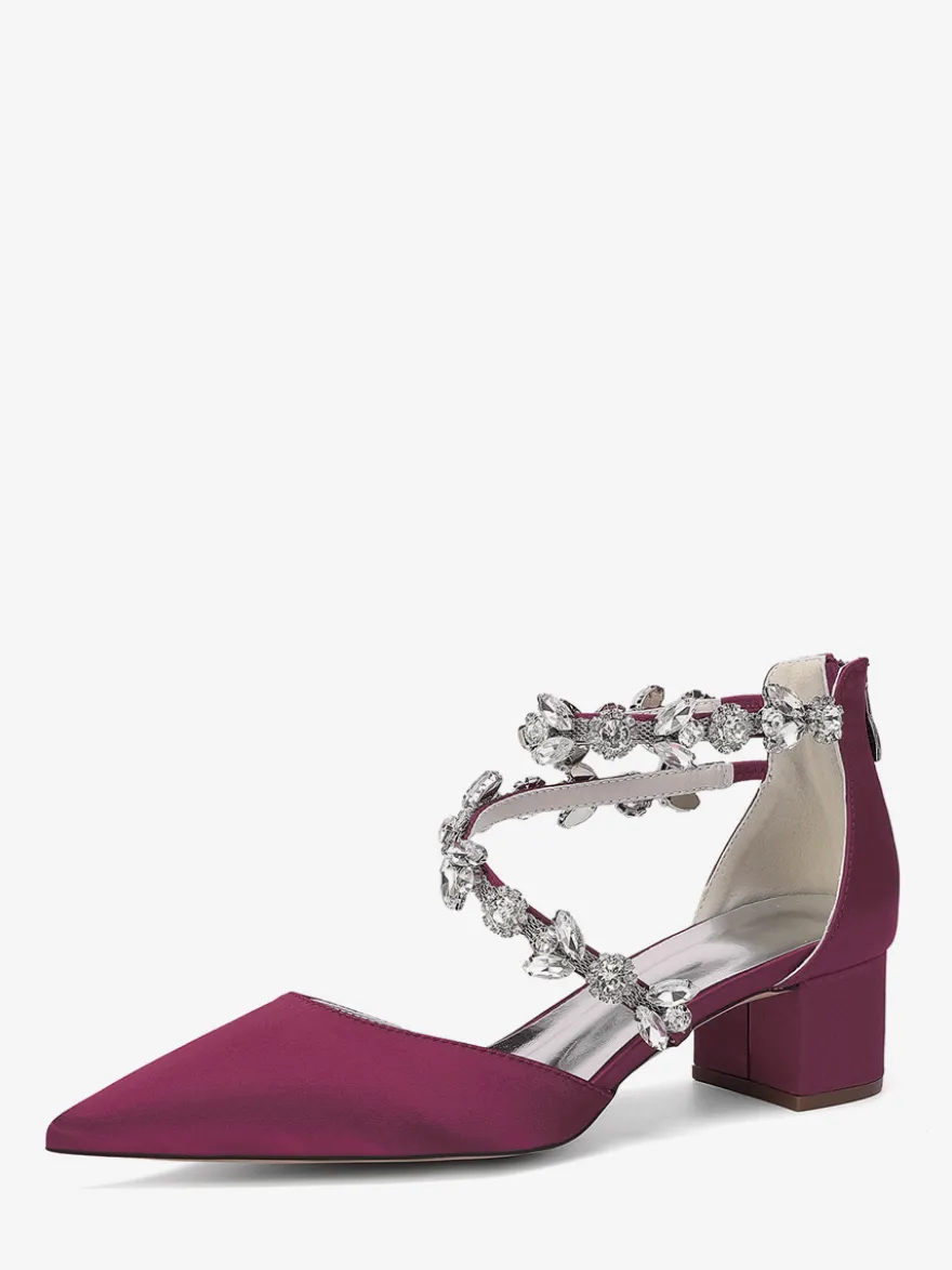 Escarpins de mariée en satin à bout pointu strass et brides talons compensés
