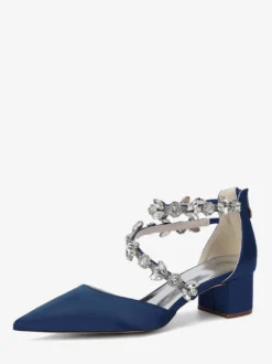 Escarpins de mariée en satin à bout pointu strass et brides talons compensés