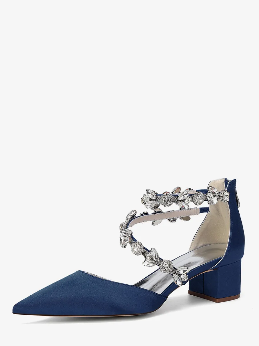 Escarpins de mariée en satin à bout pointu strass et brides talons compensés