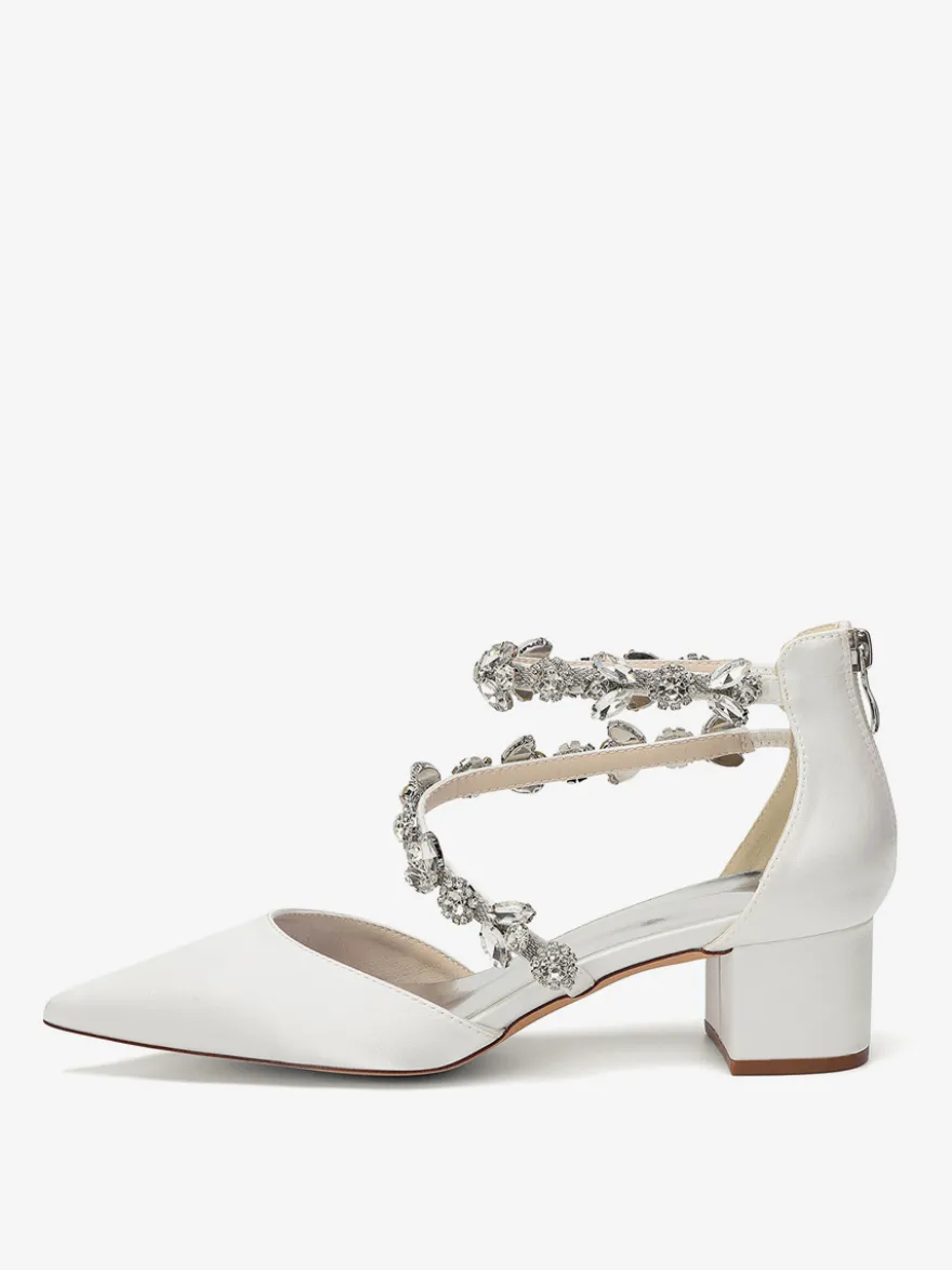 Escarpins de mariée en satin à bout pointu strass et brides talons compensés