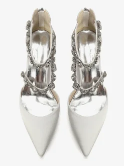 Escarpins de mariée en satin à bout pointu strass et brides talons compensés