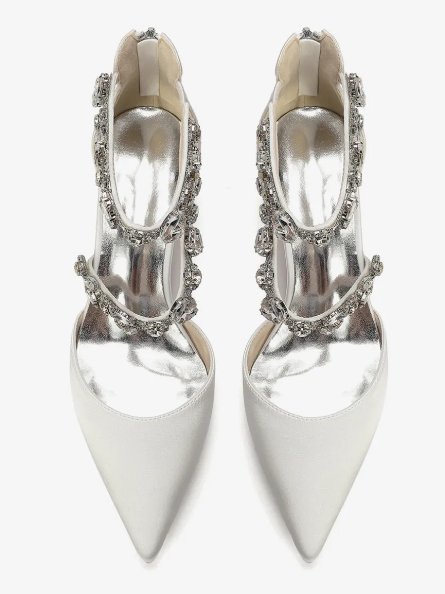 Escarpins de mariée en satin à bout pointu strass et brides talons compensés