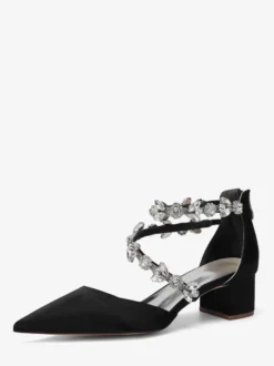 Escarpins de mariée en satin à bout pointu strass et brides talons compensés