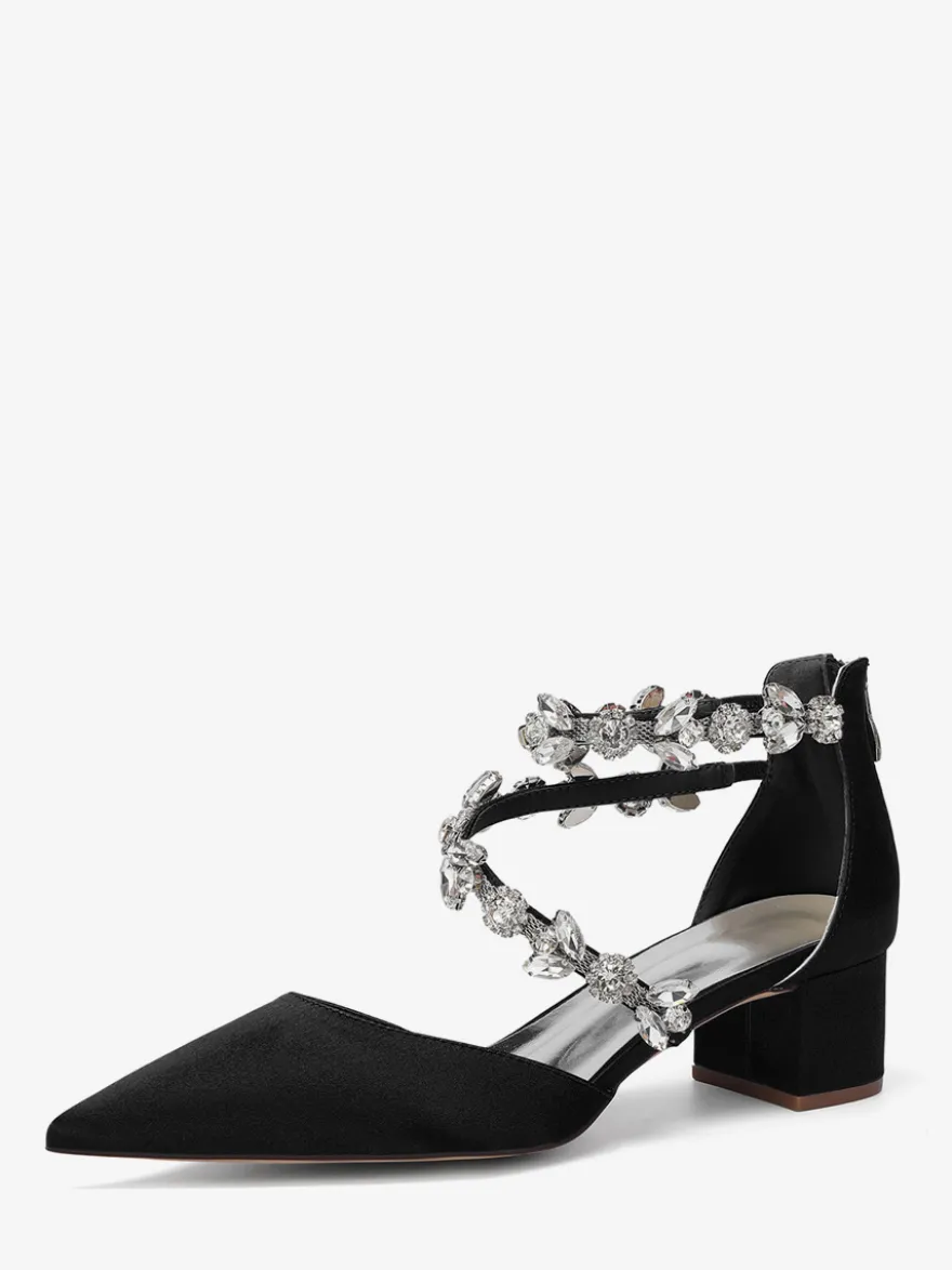 Escarpins de mariée en satin à bout pointu strass et brides talons compensés