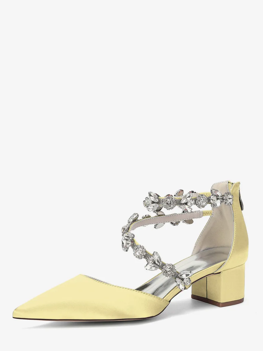 Escarpins de mariée en satin à bout pointu strass et brides talons compensés