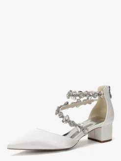 Escarpins de mariée en satin à bout pointu strass et brides talons compensés