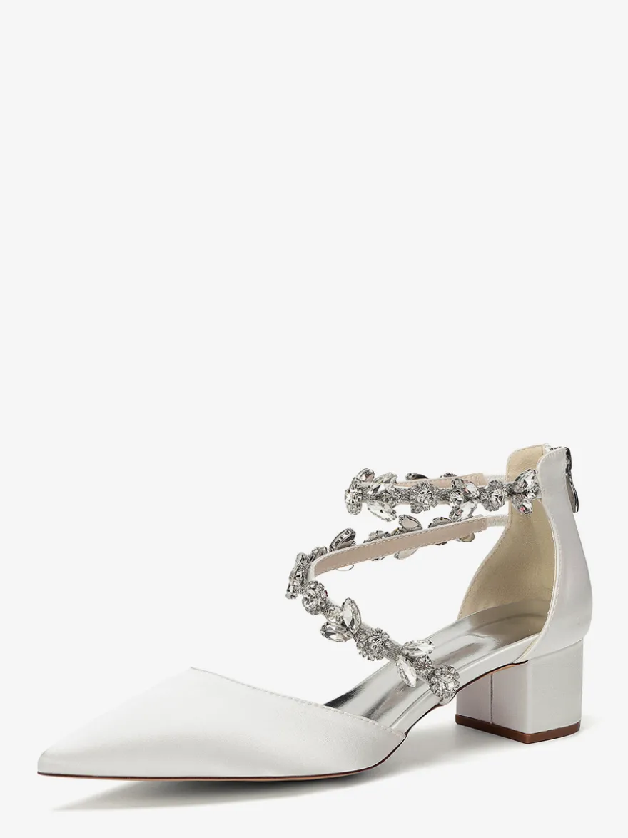 Escarpins de mariée en satin à bout pointu strass et brides talons compensés