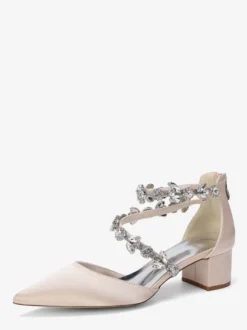 Escarpins de mariée en satin à bout pointu strass et brides talons compensés