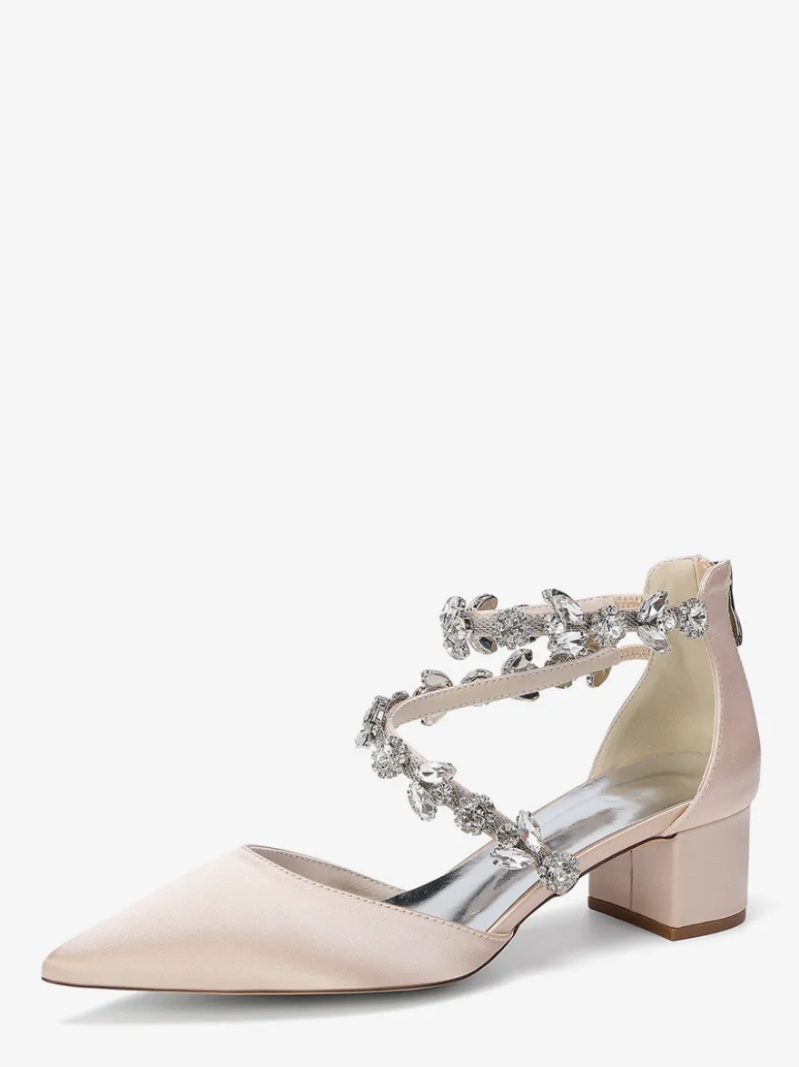 Escarpins de mariée en satin à bout pointu strass et brides talons compensés