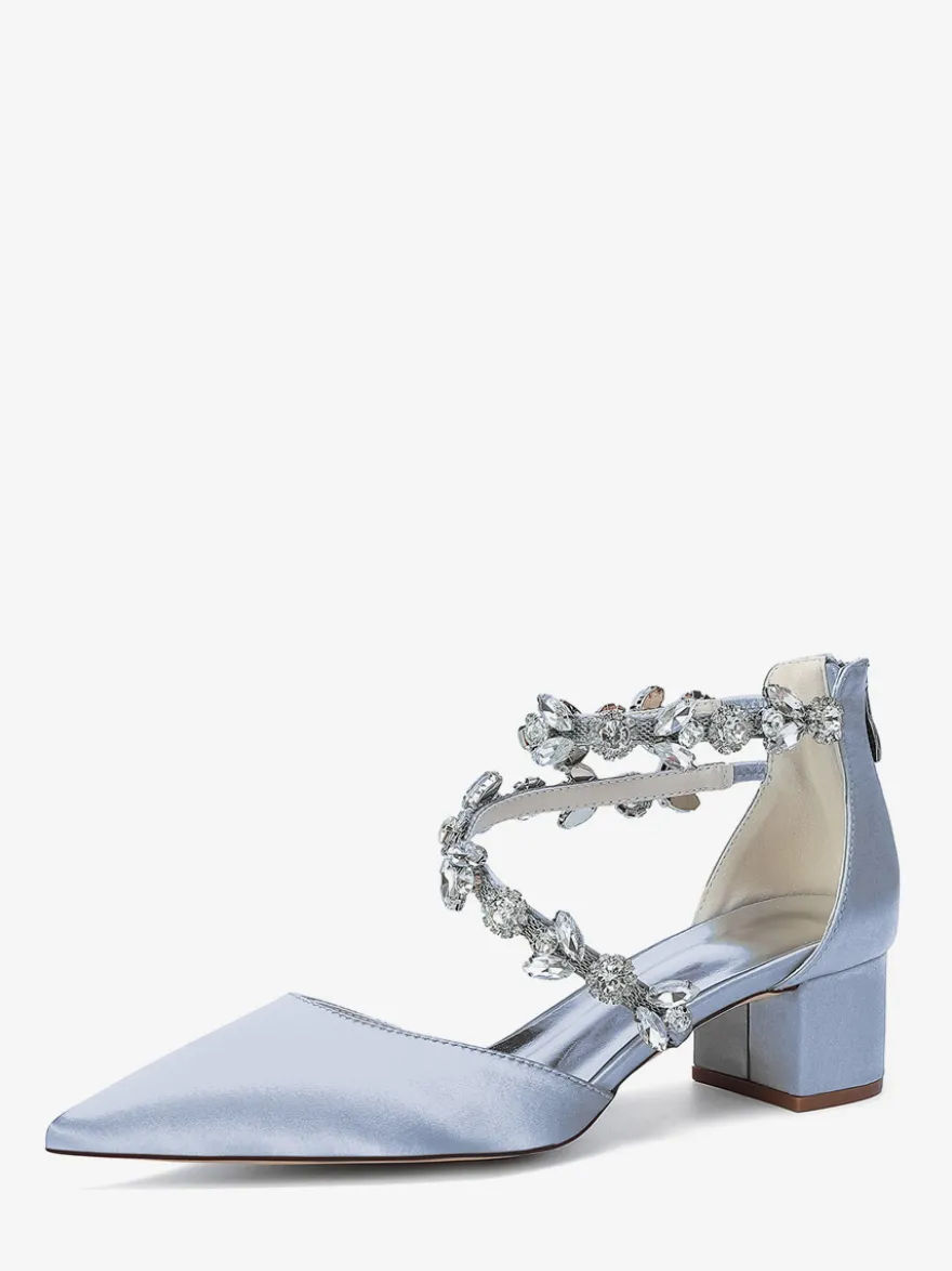 Escarpins de mariée en satin à bout pointu strass et brides talons compensés