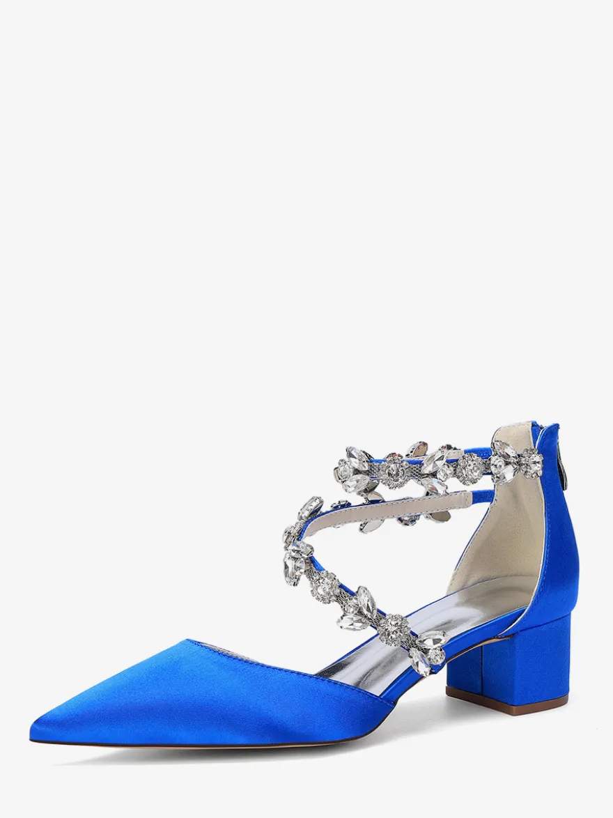 Escarpins de mariée en satin à bout pointu strass et brides talons compensés
