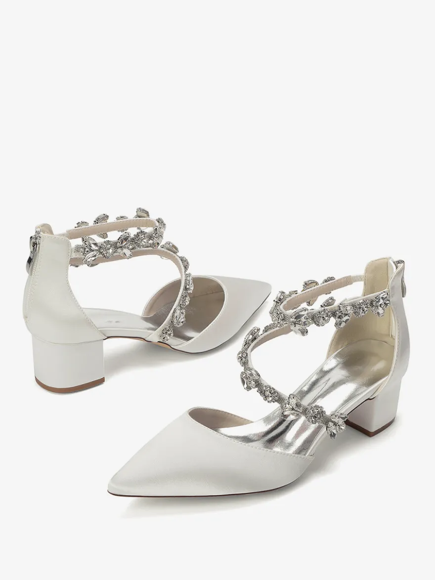 Escarpins de mariée en satin à bout pointu strass et brides talons compensés