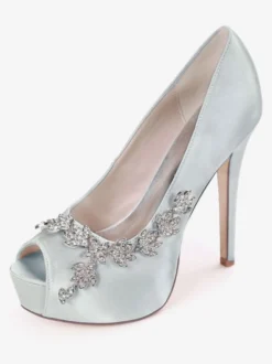 Escarpins de mariée ivoire en satin plateforme bout ouvert talon haut Chaussures de mariage