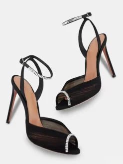 Escarpins de soirée à talons hauts en satin bout ouvert ornés de strass