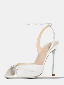 Escarpins de soirée à talons hauts en satin bout ouvert ornés de strass