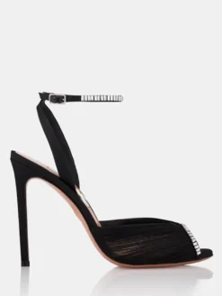 Escarpins de soirée à talons hauts en satin bout ouvert ornés de strass