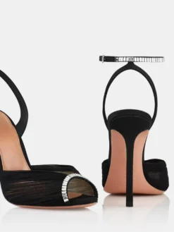 Escarpins de soirée à talons hauts en satin bout ouvert ornés de strass