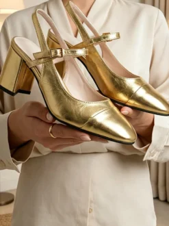 Escarpins dorés à talons compensés bout carré bride arrière chaussures de bal