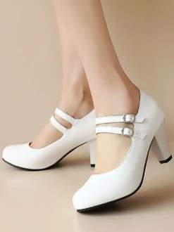 Escarpins en cuir PU Talons mi-bas Boucle Talon épais pour femmes