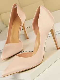 Escarpins en Satin Talons Hautes Fins Aiguilles Femmes avec Bout Pointu à Cuir Synthétique Unicolore
