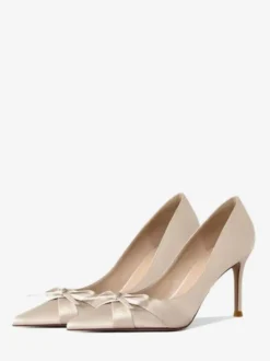 Escarpins en satin à talons hauts bout pointu et nœud chaussures de soirée faciles à enfiler