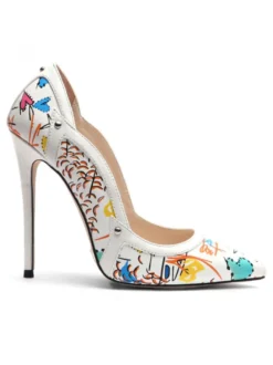 Escarpins femme talon haut bout pointu imprimerie blanche en PU