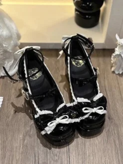 Escarpins Lolita Sweet blanc écru nœuds cuir PU talon compensé