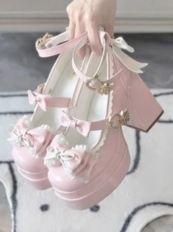 Escarpins Lolita Sweet blanc écru nœuds cuir PU talon compensé