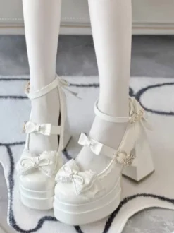 Escarpins Lolita Sweet blanc écru nœuds cuir PU talon compensé