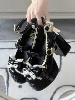 Escarpins Lolita Sweet blanc écru nœuds cuir PU talon compensé