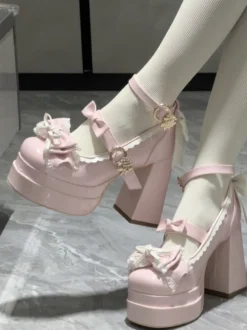 Escarpins Lolita Sweet blanc écru nœuds cuir PU talon compensé