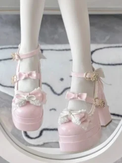 Escarpins Lolita Sweet blanc écru nœuds cuir PU talon compensé
