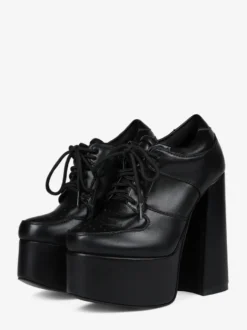 Escarpins noirs à talons hauts et plateforme bout rond lacets et talons épais pour femmes