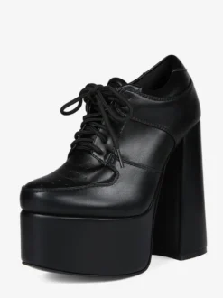 Escarpins noirs à talons hauts et plateforme bout rond lacets et talons épais pour femmes