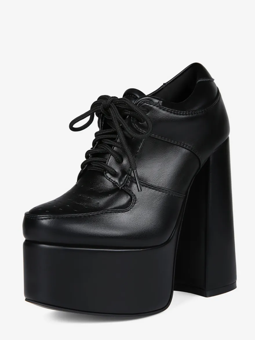 Escarpins noirs à talons hauts et plateforme bout rond lacets et talons épais pour femmes