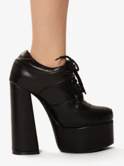 Escarpins noirs à talons hauts et plateforme bout rond lacets et talons épais pour femmes