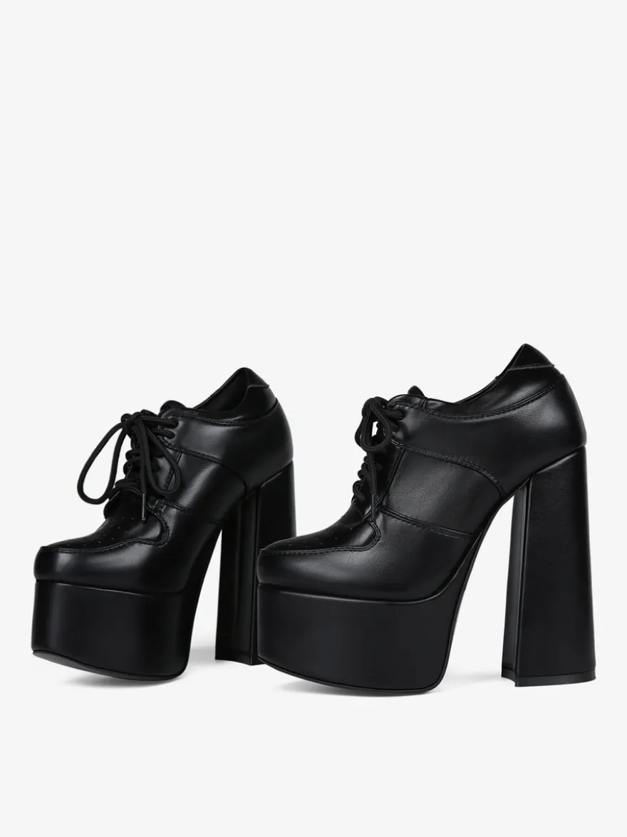 Escarpins noirs à talons hauts et plateforme bout rond lacets et talons épais pour femmes