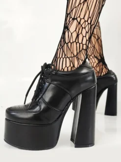Escarpins noirs à talons hauts et plateforme bout rond lacets et talons épais pour femmes