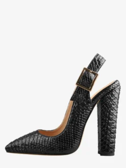 Escarpins noirs à talons hauts et épais motif serpent bout pointu bride arrière
