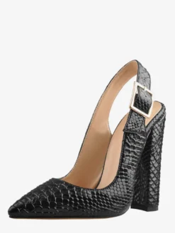 Escarpins noirs à talons hauts et épais motif serpent bout pointu bride arrière