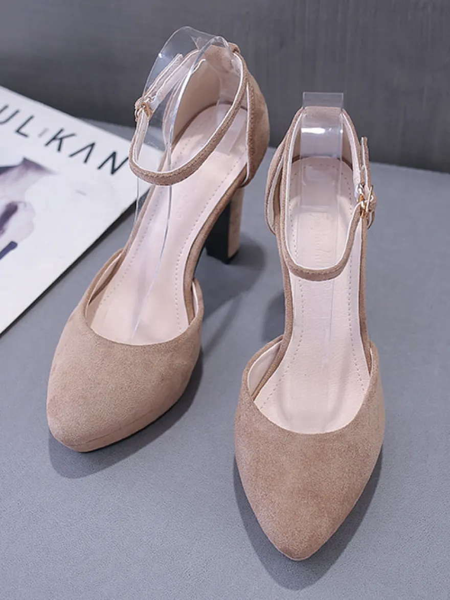 Escarpins pour femmes avec bride à la cheville bout en amande talon épais talons noirs chics avec bride à la cheville