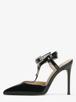 Escarpins rouges à talons hauts et bout pointu avec strass et brides pour femmes
