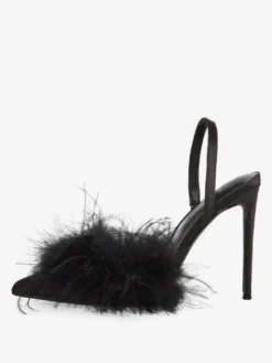 Escarpins à talons hauts en satin et fausses plumes à bout pointu pour femmes