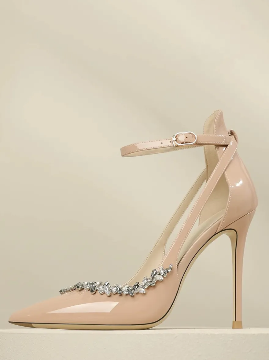 Escarpins à talons hauts pour femmes bout pointu strass découpes bride cheville chaussures de bal