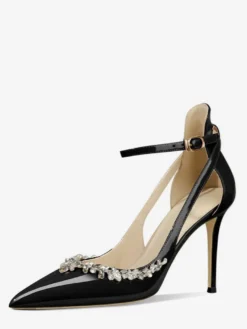 Escarpins à talons hauts pour femmes bout pointu strass découpes bride cheville chaussures de bal
