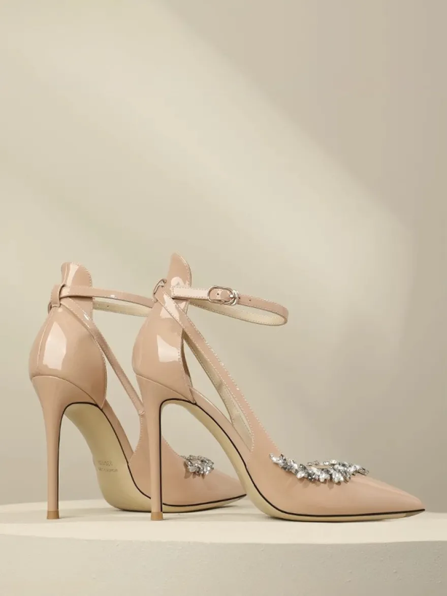 Escarpins à talons hauts pour femmes bout pointu strass découpes bride cheville chaussures de bal
