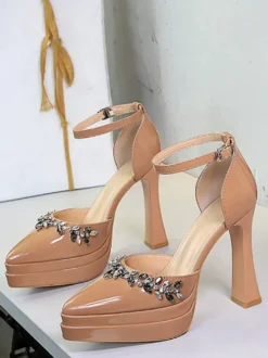 Escarpins à talons hauts pour femmes ornés de strass bout pointu talon épais et bride cheville