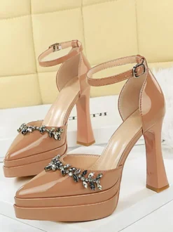 Escarpins à talons hauts pour femmes ornés de strass bout pointu talon épais et bride cheville