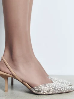 Escarpins à talons mi-bas pour femmes avec strass et bout pointu style streetwear blanc